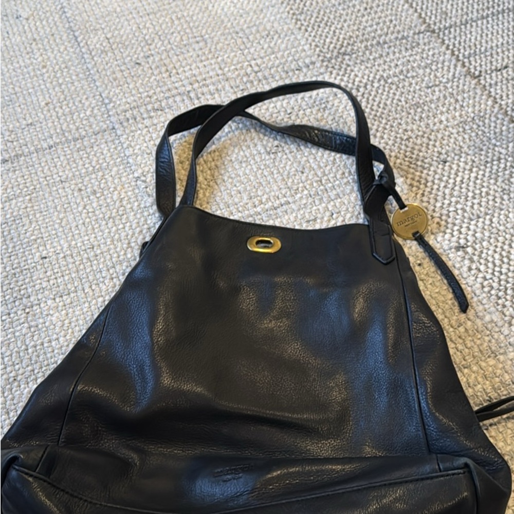 margot Black Leather Shoulder Bag with Gold Accent